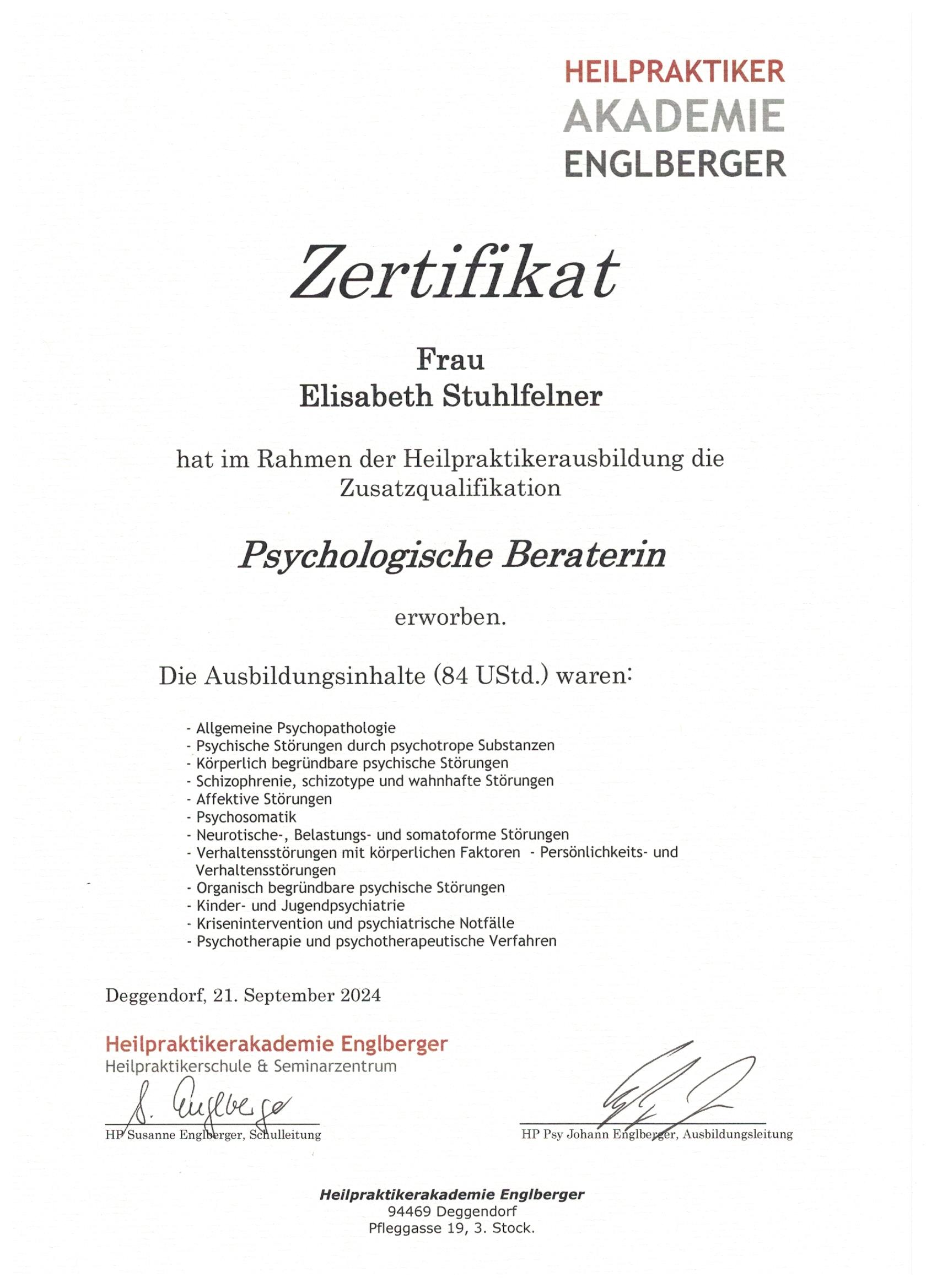 Psychologische Beraterin Zertifikat - Heilpraktiker Akademie Englberger