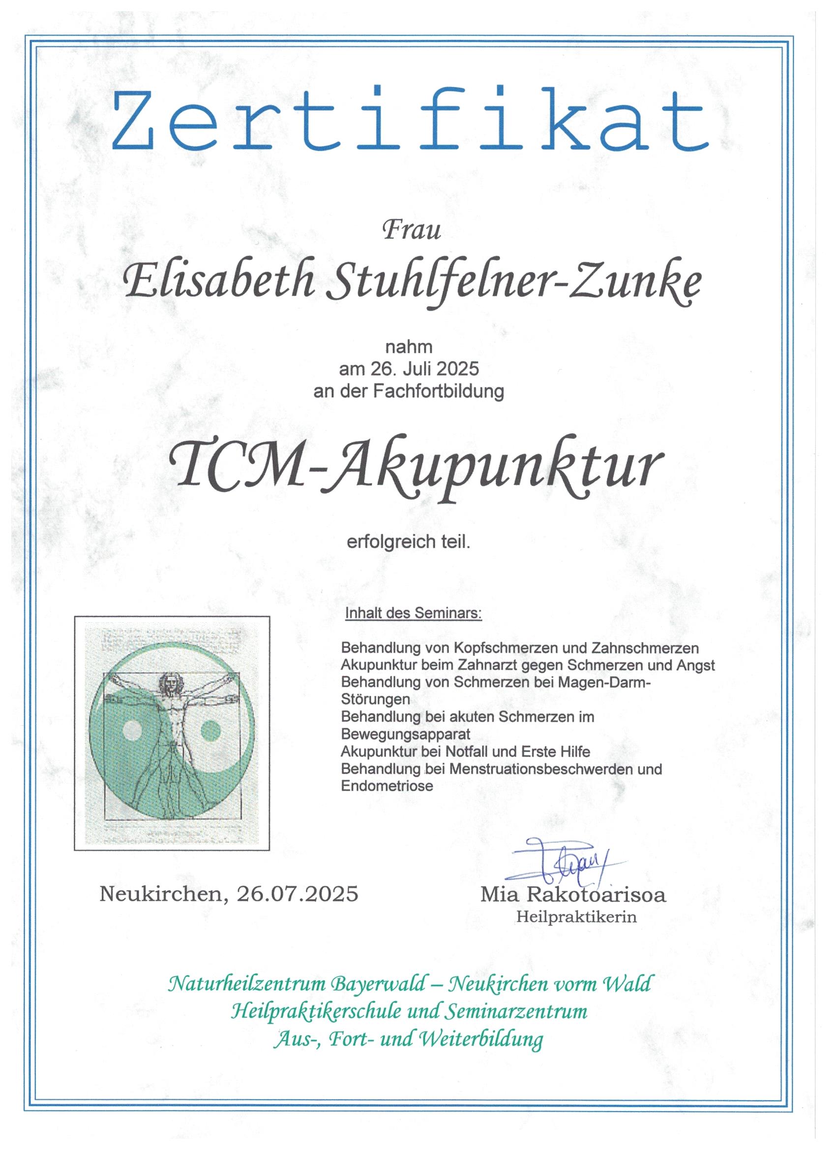 TCM-Akupunktur Fachfortbildung Zertifikat - Naturheilzentrum Bayerwald
