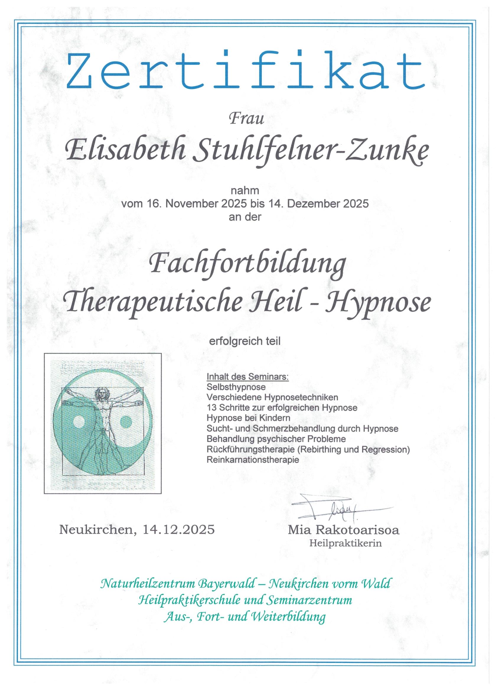 Therapeutische Heil-Hypnose Fachfortbildung Zertifikat - Naturheilzentrum Bayerwald